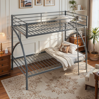 Sunvega Gray Metal Twin/Full Bunk Bed with Guard Rails and Ladder
