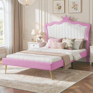 Sunvega Full Size Upholstered Princess Bed with Crown Headboard and LED Lights
