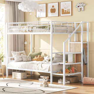 Sunvega Twin Over Twin Metal Bunk Bed with Lateral Ladder and Wardrobe in White