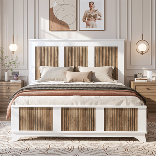 Sunvega White Farmhouse Queen Platform Bed with Wooden Strip Decoration and Plywood Slats