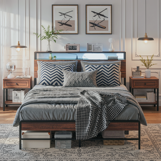 Sunvega Queen Bed Frame with Headboard LED Lights Charging Station 3-Tier Storage Shelf