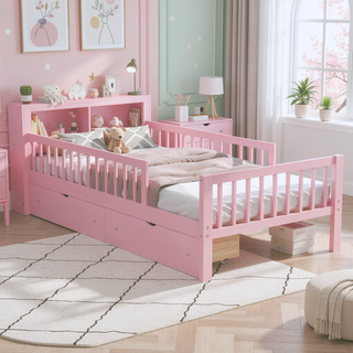 Sunvega Twin Size Bed with Headboard Storage, Two Under-Bed Drawers, and Three-Side Guardrails