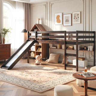 Sunvega Twin Size Wood Loft Bed with Slide Ladder and Guard Rails for Safety