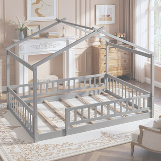 Sunvega Full Size House Bed Frame with Playhouse Fence and Roof for Kids