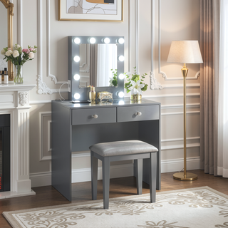 Sunvega Gray Makeup Vanity Stool Set with 10 Lights USB Port and Outlet