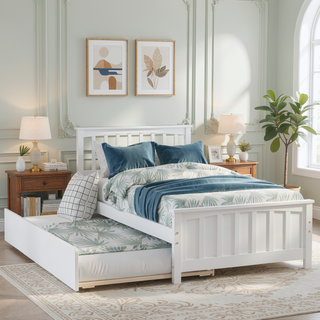 Sunvega White Twin Size Wood Platform Bed with Trundle for Maximized Space