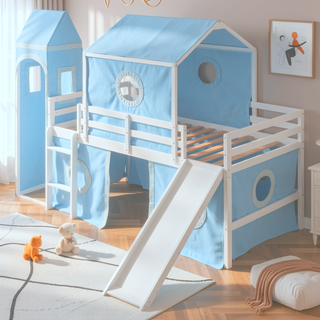 Sunvega Sturdy Pink Twin Size Loft Bed with Slide Tower and Playhouse Design