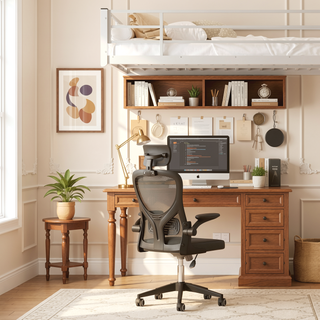 Sunvega Twin Over Twin Metal Bunk Bed with L-Shaped Desk Station and Storage Shelves