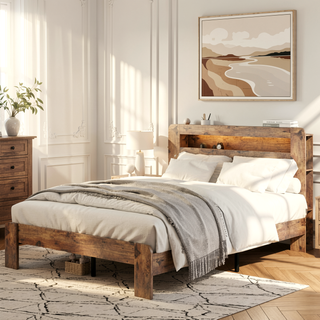 Sunvega Queen Bed Frame with Storage Headboard USB Ports and Vintage Shelf Design
