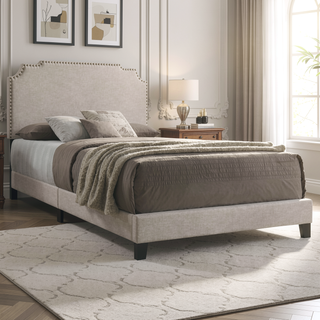 Sunvega Art Deco Inspired Queen Panel Bed with Nailhead Trim and Matte Metallic Finish