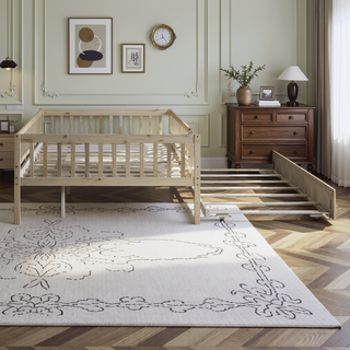 Sunvega Natural Twin Size Wood Daybed with Trundle and Fence Guardrails