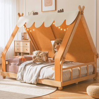 Sunvega Full Size Brown House Bed with Detachable Tent and Skylight for Kids