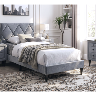 Sunvega Modern Gray Velvet Tufted Headboard Full Size Bed for Youth Bedroom