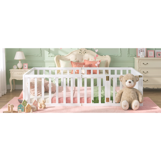 Sunvega Twin Size Wood Floor Bed Frame with Fence and Door in Walnut Finish