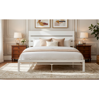 Sunvega White Metal Frame Queen Bed with MDF Headboard for Bedroom