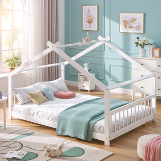 Sunvega White Full Size House Bed with Playhouse Design and Pinewood Frame