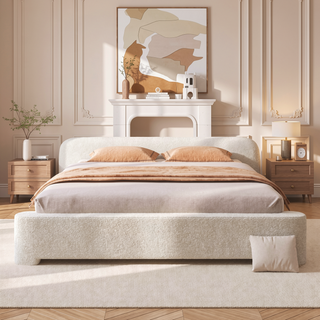Sunvega Cozy White Bouce Upholstered Bed with Birch Wood Frame for Bedroom