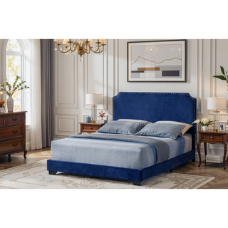 Sunvega Blue Velvet Queen Upholstered Bed with Nailhead Trim Accent