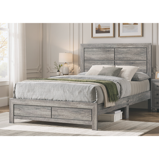 Sunvega Queen Size Platform Bed with Clean-lined Headboard in Gray Wood Grain Finish
