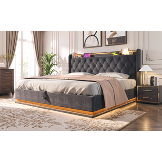 Sunvega Full Size Upholstered Bed with 360 LED Lighting Hydraulic Storage and USB Charging