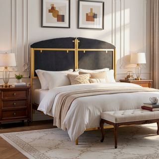 Sunvega Gold Frame and Grey Velvet Upholstered Queen Headboard with Tufting