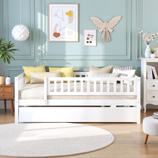 Sunvega Natural Twin Size Wood Daybed with Trundle and Fence Guardrails