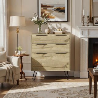 Sunvega Light Oak Dresser with Three Drawers and Hairpin Legs for Bedroom