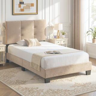 Sunvega Light Brown Velvet Upholstered Queen Platform Bed with Adjustable Height Headboard