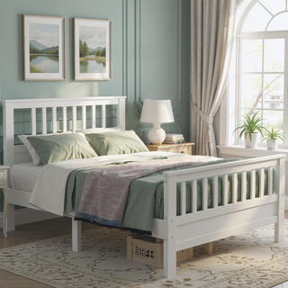 Sunvega White Wood Platform Bed with Headboard Footboard and Slat Support