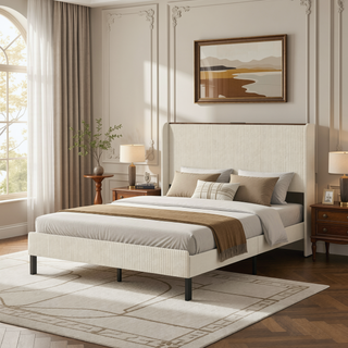 Sunvega Queen Size Metal Platform Bed with Storage Headboard and USB Charging Station