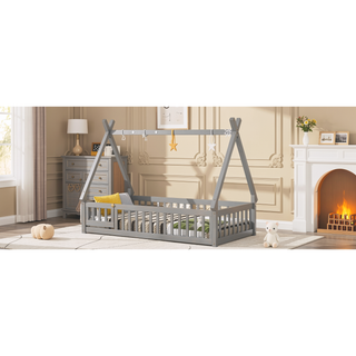 Sunvega Twin Tent Teepee Bed with Guardrails Slats in Grey