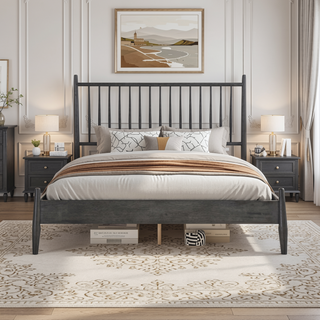 Sunvega Mid-Century Modern Design Full Platform Bed with Vertical Slats Headboard