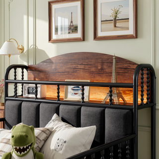 Sunvega Kids Full Metal Bed with Upholstered Headboard LED Lights and Storage