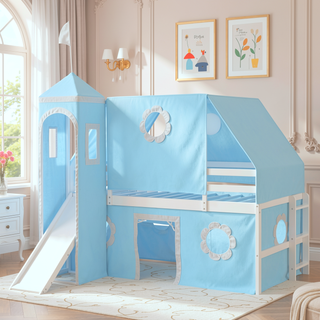 Sunvega Twin Size Loft Bed with Slide Blue Tent and Playhouse Tower for Kids
