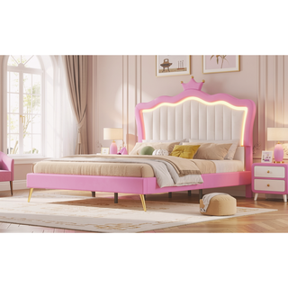Sunvega Full Size Upholstered Princess Bed with Crown Headboard and LED Lights