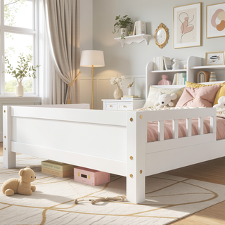 Sunvega Twin Pine Wood Bed with LED Motion Sensor Light and Bookcase Headboard