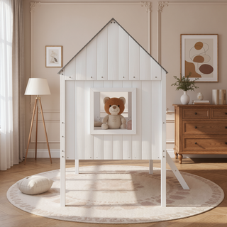 Sunvega Twin Size Low Loft Wood House Bed with Two Side Windows in White and Gray