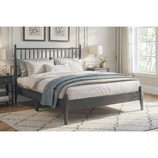 Sunvega Mid-Century Modern Design Full Platform Bed with Vertical Slats Headboard