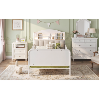 Sunvega Kids Full Metal Bed with Upholstered Headboard LED Lights and Storage