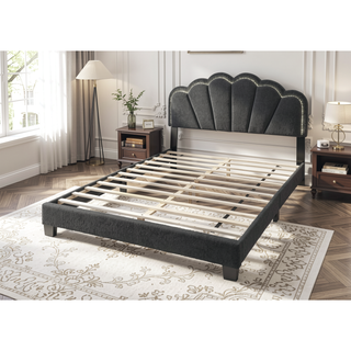 Sunvega Queen Bed with LED Headboard and Scalloped Tufted Upholstery in Charcoal