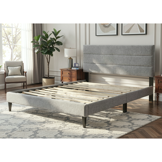 Sunvega Queen Upholstered Pleated Bed in a Box with Sturdy Dark Brown Frame