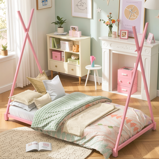 Sunvega Pink Twin Size House Platform Bed with Sturdy Triangle Structure