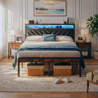 Sunvega Queen Size Metal Platform Bed Frame with Adjustable Upholstered Headboard and LED Lights