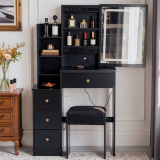 Sunvega Small Space Left Bedside Cabinet Vanity Table with Cushioned Stool and Sliding Mirror