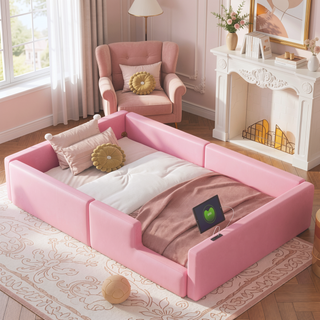 Sunvega Pink Twin Size Upholstered Platform Bed with Guardrail and Charging Station