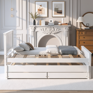 Sunvega Twin Size White Platform Bed with Trundle and Two Drawers for Storage
