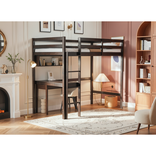 Sunvega Twin High Loft Bed with Built-in Desk and Ladder in Espresso Rubber Wood