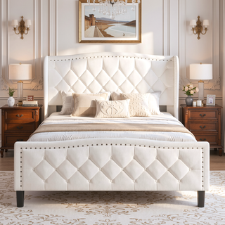 Sunvega Modern Upholstered Queen Size Platform Bed with Wingback Headboard and Wood Slat Support