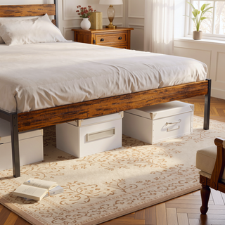 Sunvega Queen Size Rustic Wood Headboard and Footboard Iron Platform Bed Frame