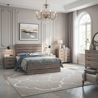 Sunvega Geary Barrel Oak Panel Eastern King Bed with Slat Structure